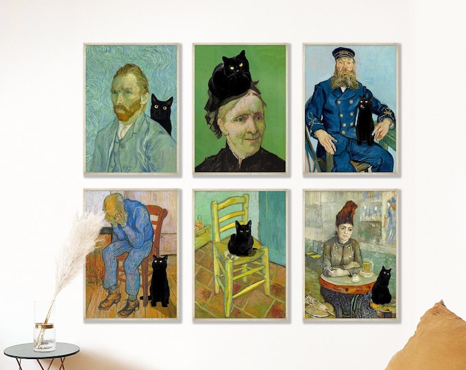 Funny Wall Art Set of 6 Van Gogh Portrait Paintings with Black Cats Funny Wall Decor Hilarious Wall Art Whimsical Van Gogh Portraits