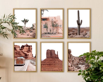 Southwestern Desert Art Print Set of 6 Prints - Vibrant Desert Mountain scape: Rustic Orange Rocks and Desert Cacti Landscape