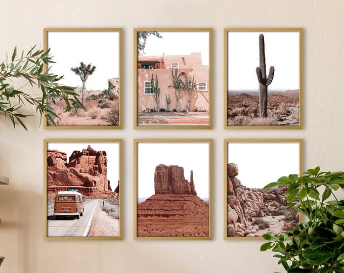 Southwestern Desert Art Print Set of 6 Prints - Vibrant Desert Mountain scape: Rustic Orange Rocks and Desert Cacti Landscape