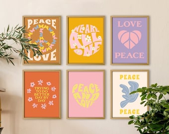 Peace Love Retro Wall Art Happy Motivational Wall Art Set of 6 Inspirational Colorful Art Prints