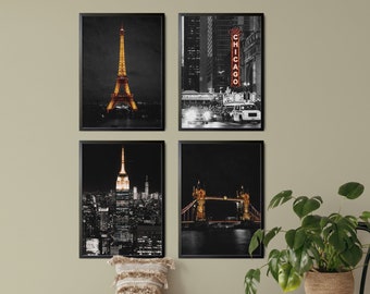 City Lights of the World: Set of 4 Stylish Black and White Cityscape Prints - Paris, New York, Chicago, London Wall Art - Retro Travel Decor