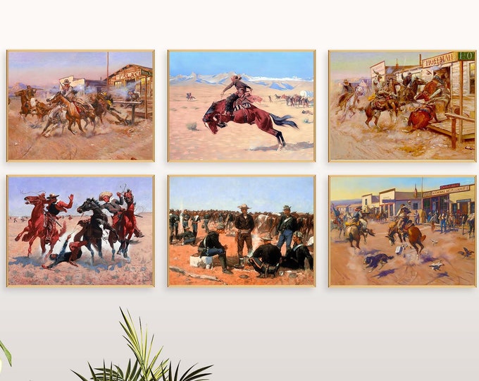 Cowboy Paintings Set of 6 Cowboy Wall Art Posters Landscape Western Wall Art Cowboy Decor for Country Style House