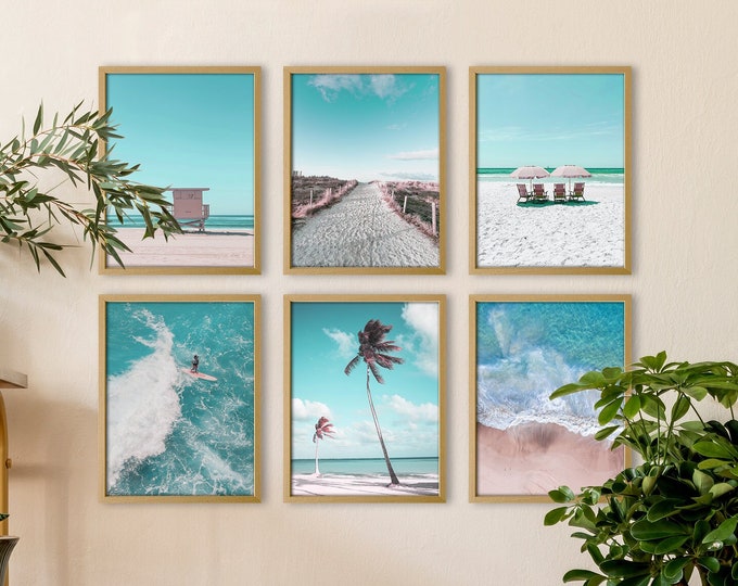 Ocean Escape Art Print Set of 6 prints for Home Decor - Tropical Paradise: Serene Blue Beach with Palm Trees, White Sands, and Azure Sky