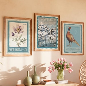 South Dakota Stamp Posters Set | Mount Rushmore, Pasque Flower, Pheasant | Retro Wall Art