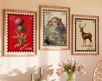 Scotland Stamp Posters Set | Edinburgh Castle, Scottish Thistle, Red Deer | Retro Highland Wall Art