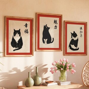 Láminas artísticas de gatos japoneses: Felino con tinta Sumi-e - Juego de 3