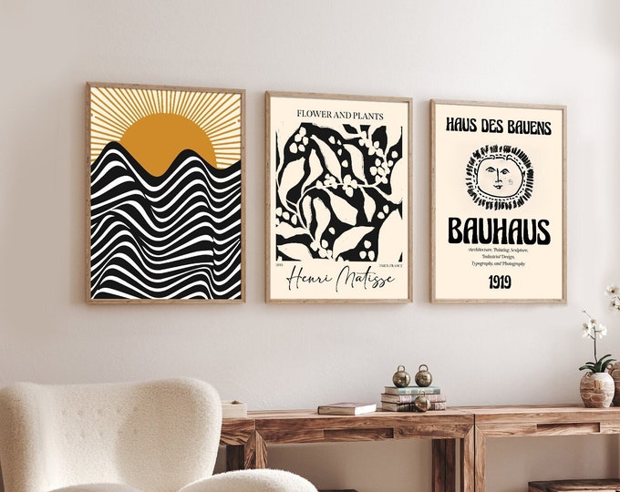 Bauhaus Inspired Trio: Sun, Matisse Flowers, and Haus Des Bauens - Modern Wall Art Set