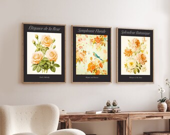 Floral Wall Art Posters - Set of 3 French Country Wall Decor - Botanical Flower Feminine Room Decor