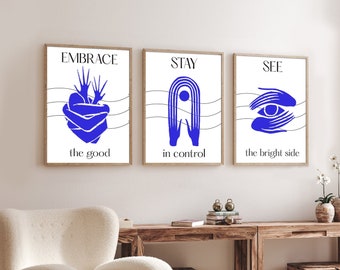 Positive Mindset Quotes Wall Art - Set of 3 Blue Abstract Wall Poster - Daily Inspirational Quotes Wall Decor