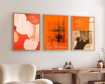 Orange Themed Wall Art Set of 3 Posters - Modern Abstract Motivational Wall Decor - Inspiring Positive Quote Room Decor