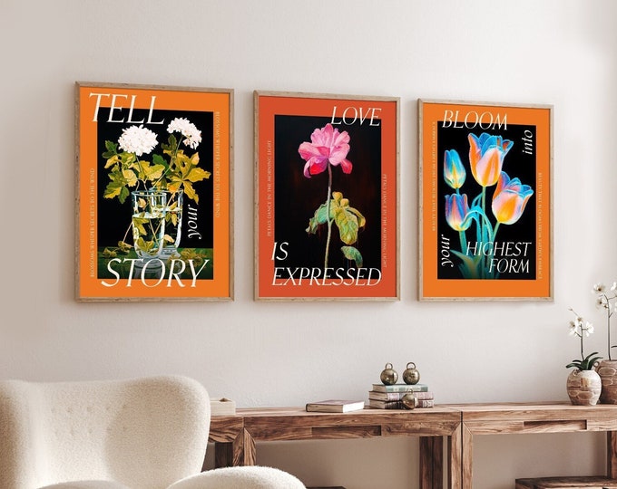 Empowering Floral Wall Art Set of 3 Posters - Inspirational Blossoms Wall Decor - Feminine Room Decor