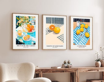 Citrus Fruit Wall Art Set of 3 Posters - Orange and Lemon Fruit Artwork - Vibrant Fruit Art Kitchen Wall Decor