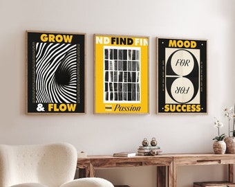 Growth Mindset Wall Art Set of 3 Posters - Positivity Art Illustation Prints - Black and Yellow Themed Room Decor