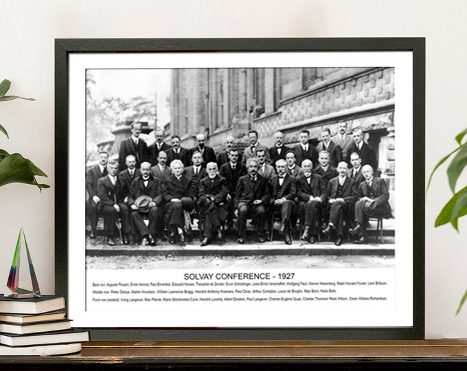 Framed Fifth Solvay International Conference Physics Poster Chemistry Poster (Wooden 10"x12" Frame with 8"x10" Print Insert)