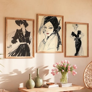 Black & White Fashion Sketch Prints - Parisian Chic Wall Art - Set of 3