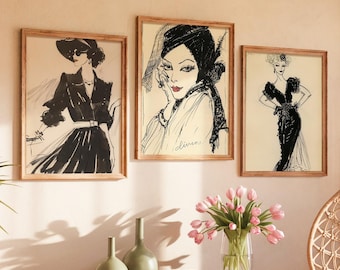 Black & White Fashion Sketch Prints - Parisian Chic Wall Art - Set of 3