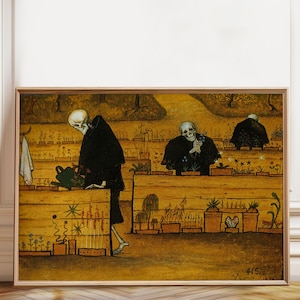 May include: A framed art print depicting three skeletons wearing black robes in a garden setting. The skeletons are tending to various potted plants arranged in wooden planter boxes. The scene features a warm, golden-brown color palette.