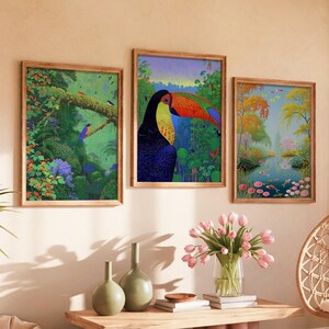 Tropical Rainforest Art Set of 3: Toucan, Bird & Koi Pond Prints