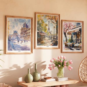 Paris Watercolor Art Prints - Eiffel Tower, Louvre Museum, Parisian Café French Architecture Wall Art - Set of 3 - Poster, Framed Print