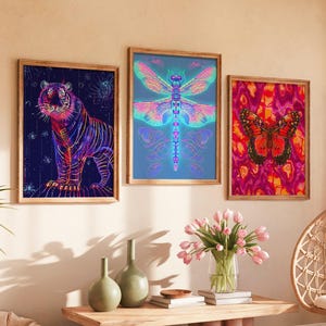 Neon Animal Print Set: Psychedelic Tiger, Dragonfly, Butterfly Wall Art