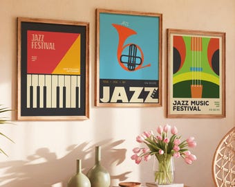Jazz Festival Posters Set of 3 | Retro Music Room Wall Art