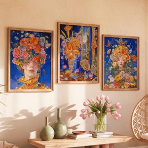Floral Surrealism Art Set of 3: Vibrant Botanical Portraits