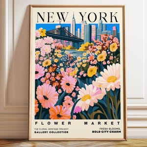 New York Flower Market Poster - Urban Floral and Cityscape Wall Art - NYC Skyline Travel Wall Decor - Poster, Framed, and Canvas Print