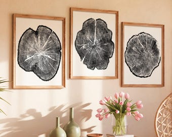 Black and White Tree Ring Art Prints: Botanical Woodcut Style, Set of 3