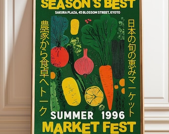 Retro Vegetable Market Art Print: Kyoto-Inspired Kitchen Wall Art