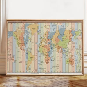 World Time Zone Map Poster - Lernbare Global Geographie Wandkunst - Poster, Leinwanddruck und gerahmt