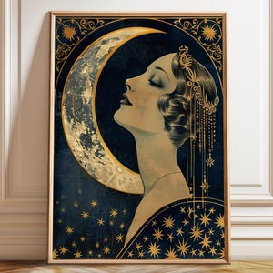 Lady und Mond Poster - Mondschein Sonata Art Deco - Gatsby Night Sky Celestial Wall Art Print - Poster, gerahmt und Leinwanddruck