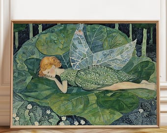 Sleeping Fairy Art Print: Magical Forest Botanical Wall Decor