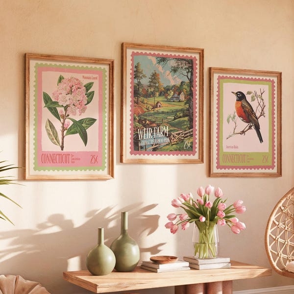 Porticut Kunstdruck Set: Vintage botanische Blume, Vogel & Wahrzeichen