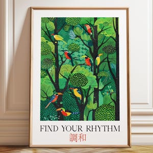 Lámina artística de pájaros del bosque coloridos - Encuentra tu ritmo - Arte mural inspirador para niños y guarderías - Póster, marco e impresión en lienzo