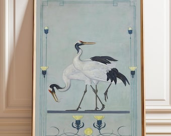 Japanese Crane Art Nouveau Print: Green Floral Wall Art
