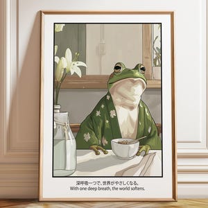 Ilustración de una rana zen comiendo: arte mural de una rana comiendo fideos con kimono. Póster con frase sobre cocina japonesa. Póster, marco e impresión en lienzo.
