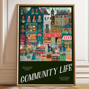 Community Market Scene Art Print: Vibrant Neighborhood Wall Decor