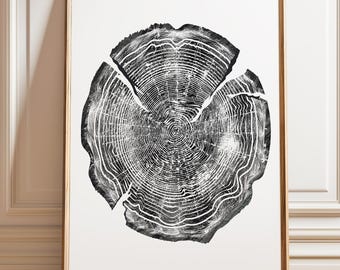 Vintage Tree Ring Print Black and White Wood Wall Art Poster | Minimalist Nature Decor
