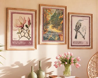 Mississippi State Art Print Set: Magnolia, Natchez Trace, Mockingbird