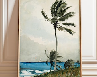 ウィンスロー・ホーマーのヤシの木の版画：ナッソービーチの絵画、海岸