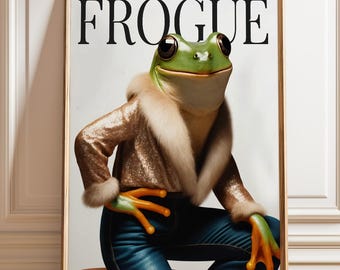 Impresión artística de una rana con un blazer dorado: portada de revista de moda