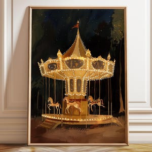 Karussell Art Print - Beleuchtetes Wald Karussell Wandkunst - Festliches Karneval Kunst Poster Kinderzimmer - Dekor - Poster, gerahmt und Leinwanddruck