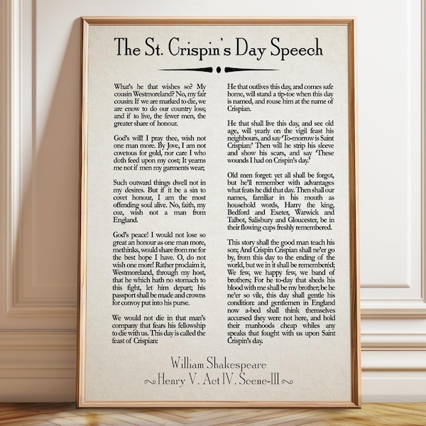 William Shakespeare Quote St. Crispin's Day Speech Brainy Quote - Poster, Framed, and Canvas Print