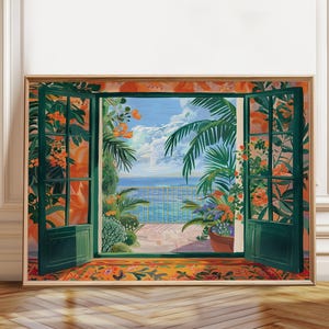 Póster con vista al mar y exuberante jardín - Arte mural con vista al balcón de un paraíso tropical - Obra de arte costera moderna - Póster, impresión enmarcada y en lienzo