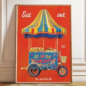 Street Food Cart Art Print – Bunte Retro-Eatery-Dekor - Garküche Poster Küche, Café oder Restaurant – Poster, gerahmt und Leinwanddruck
