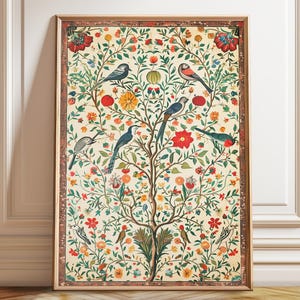 Poster d'arte floreale e di uccelli indiani - Illustrazione decorativa da parete con elementi botanici in colori vivaci - Poster, stampa incorniciata e su tela