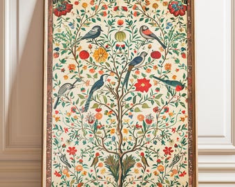 Vintage Indian Floral Bird Art Print: Botanical Illustration, Heritage Decor
