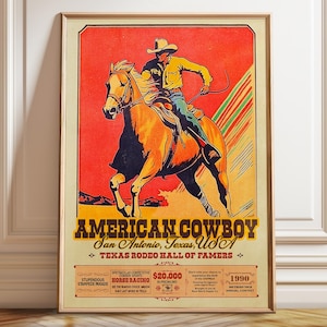 American Cowboy Rodeo Poster: Texas Hall of Fame, Vintage Western Art