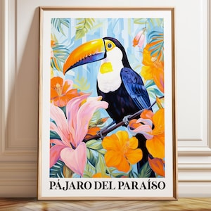 Stampa artistica di tucano: paradiso floreale tropicale, fauna selvatica esotica