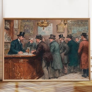 May include: A framed print depicting a 19th-century tavern scene with several individuals in formal coats and top hats gathered around a wooden bar. One person stands behind the counter while others stand in a line, holding glasses in a dimly lit room.